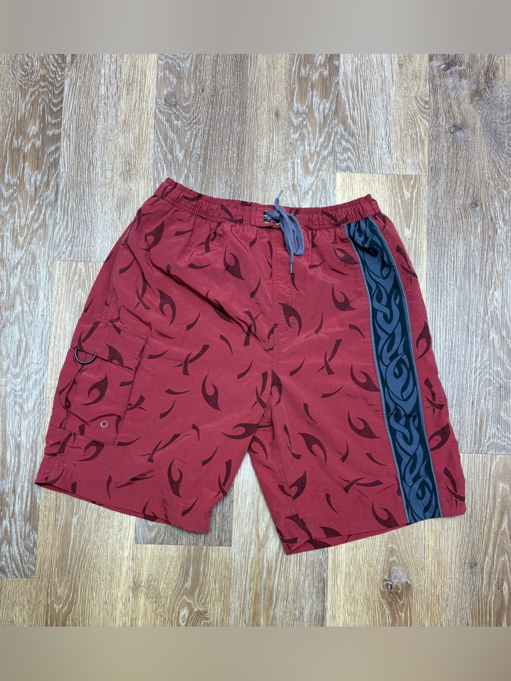 Sonoma Red Patterned Swim Board Shorts with Navy Side Panel